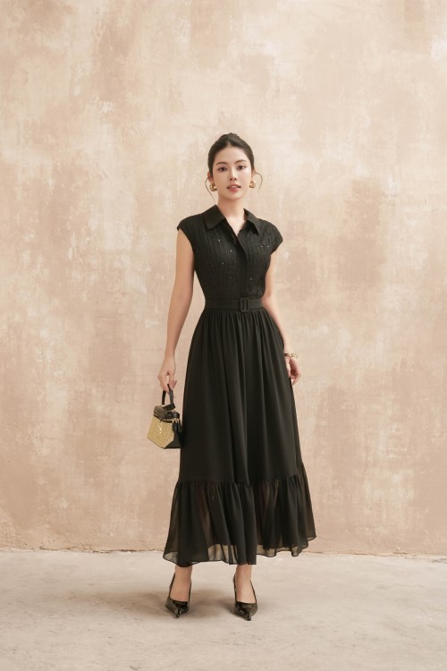 Sixdo Black Chiffon Flared Dress